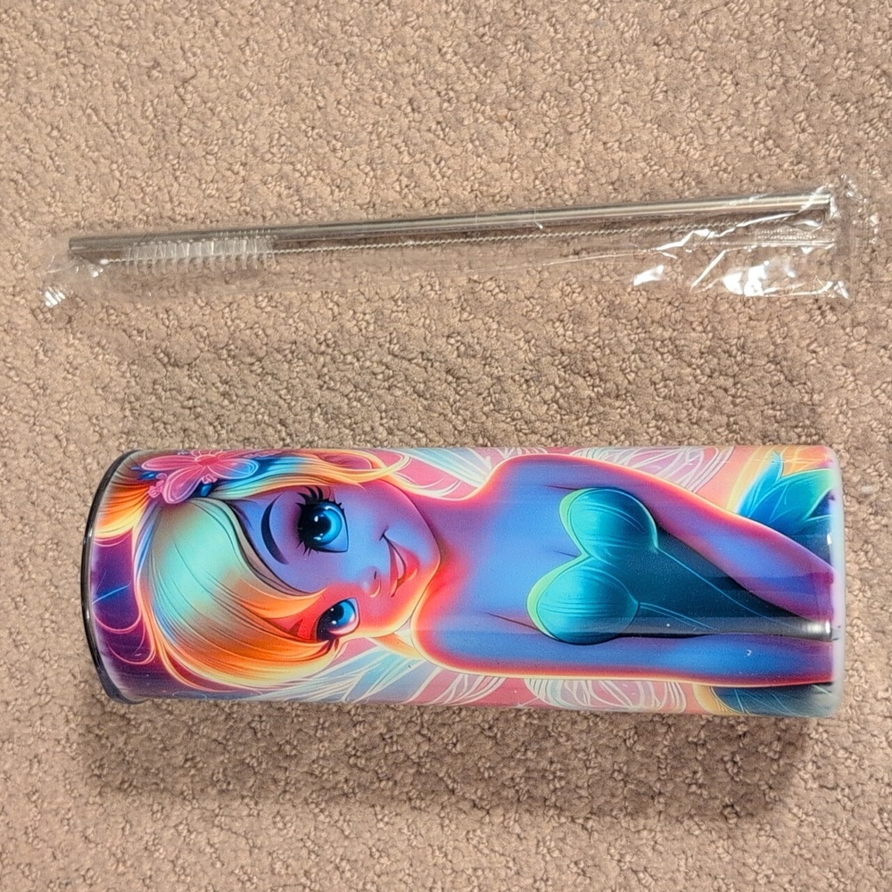 Tinker Bell Themed Custom Tumbler with Straw And Cleaning Brush NEW